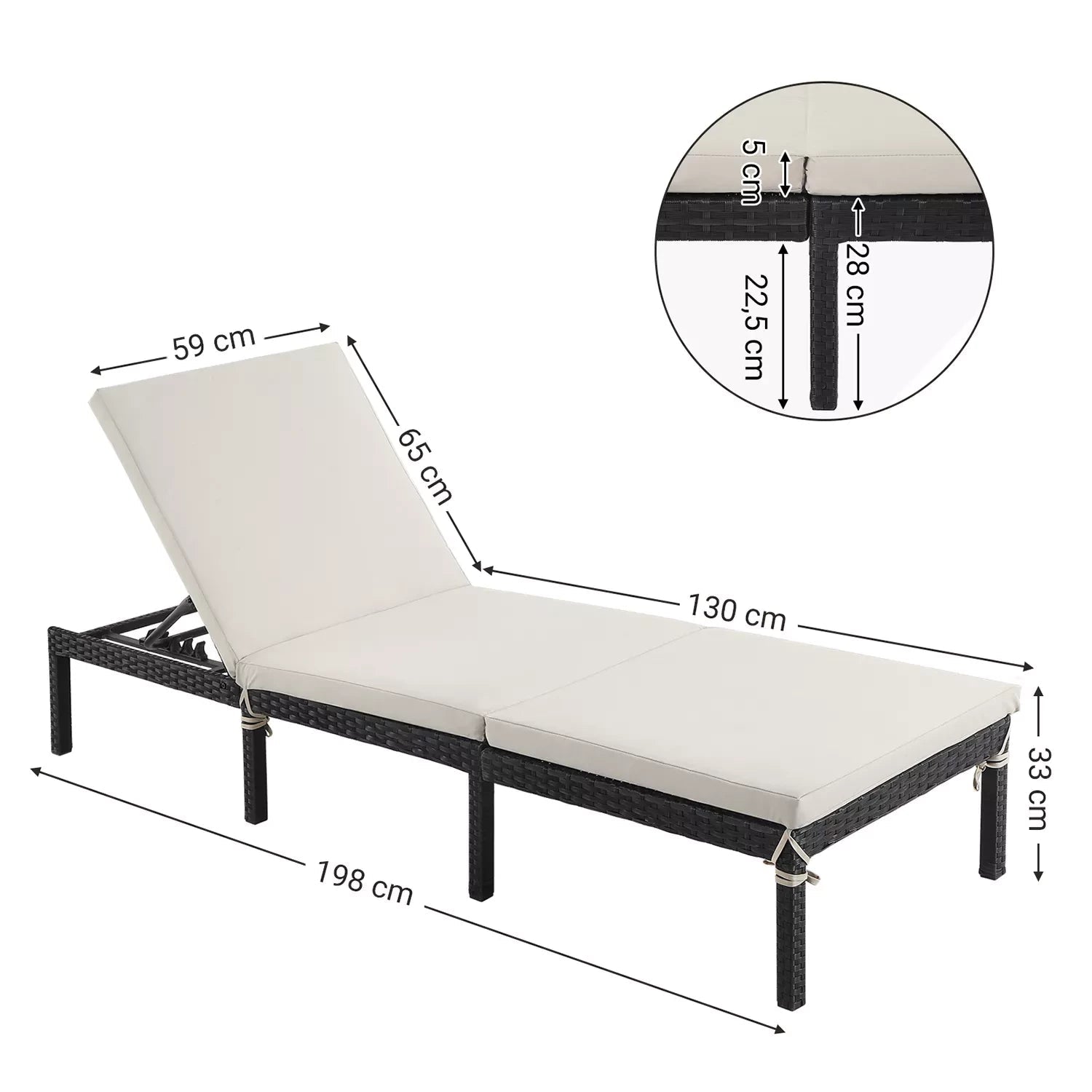 In And OutdoorMatch Ligstoel Millie - Zonnebank - Met Kussen - Tuinligstoel - Wit/Zwart - Loungebank - 59x198x28cm Lounge stoel