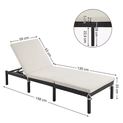 In And OutdoorMatch Ligstoel Millie - Zonnebank - Met Kussen - Tuinligstoel - Wit/Zwart - Loungebank - 59x198x28cm Lounge stoel