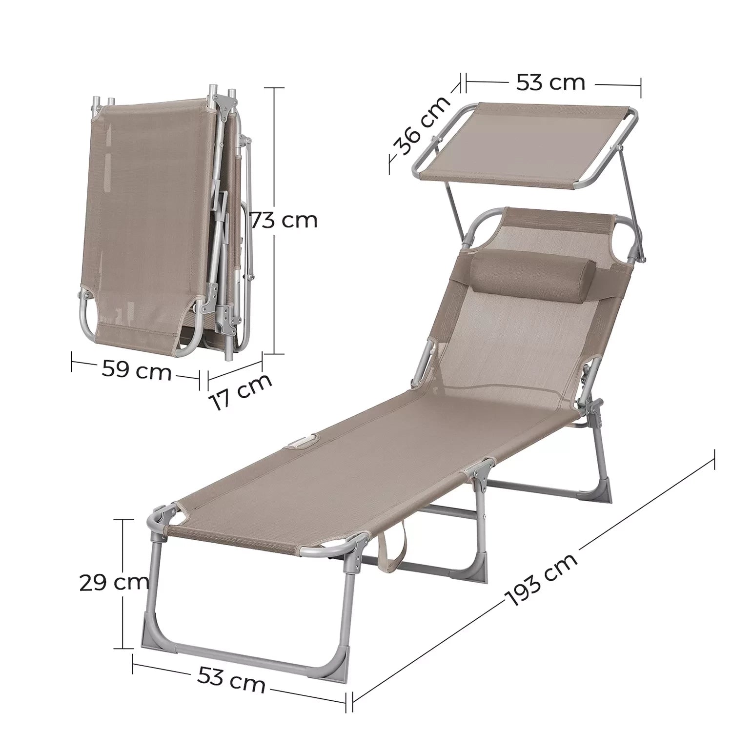 In And OutdoorMatch Ligstoel Zack - Ligstoel - Tuinligstoel - Met Hoofdsteun - Zonneluifel - Verstelbare Rugleuning - Lichtgewicht - Opvouwbaar - 53x193x29,5cm - Draagvermogen tot 150 kg - Tuin - Balkon - Beige Lounge stoel