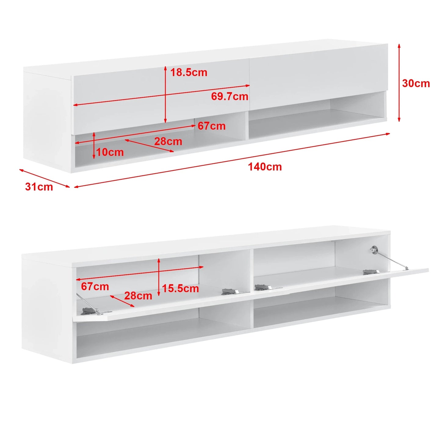 In And OutdoorMatch Luxe Zwevende Kast Helen - 140x31x30 cm - Max 25 kg - Wit - Spaanplaat - Deluxe Design TV cabinet