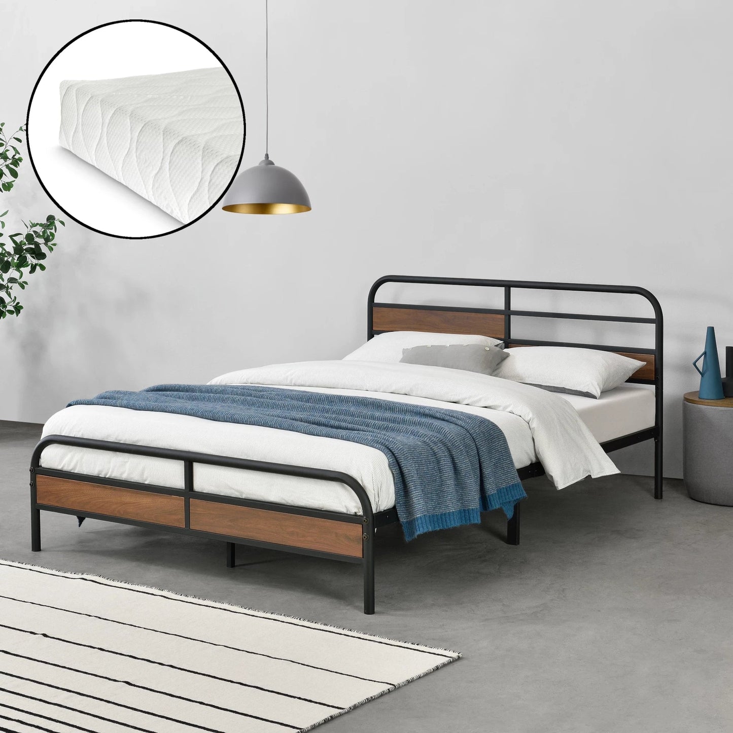 In And OutdoorMatch Metalen Bed Bistro - Bedframe - Met Matras - Zwart - Walnootkleurig - 140x200 cm bed twee personen