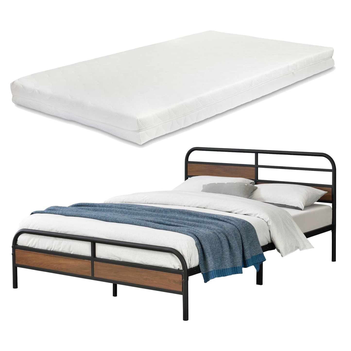 In And OutdoorMatch Metalen Bed Bistro - Bedframe - Met Matras - Zwart - Walnootkleurig - 140x200 cm bed twee personen