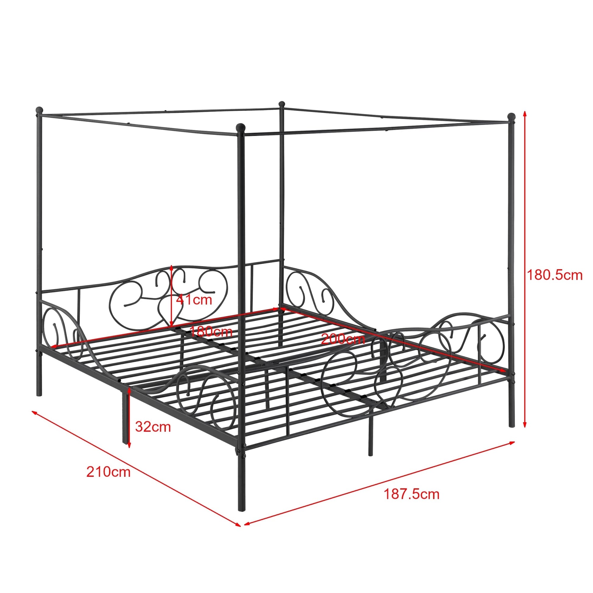 In And OutdoorMatch Metalen Hemelbed Ruben - Met Bedbodem en Matras - 180x200 cm - Zwart - Stabiel Frame - Minimalistisch Design bed twee personen