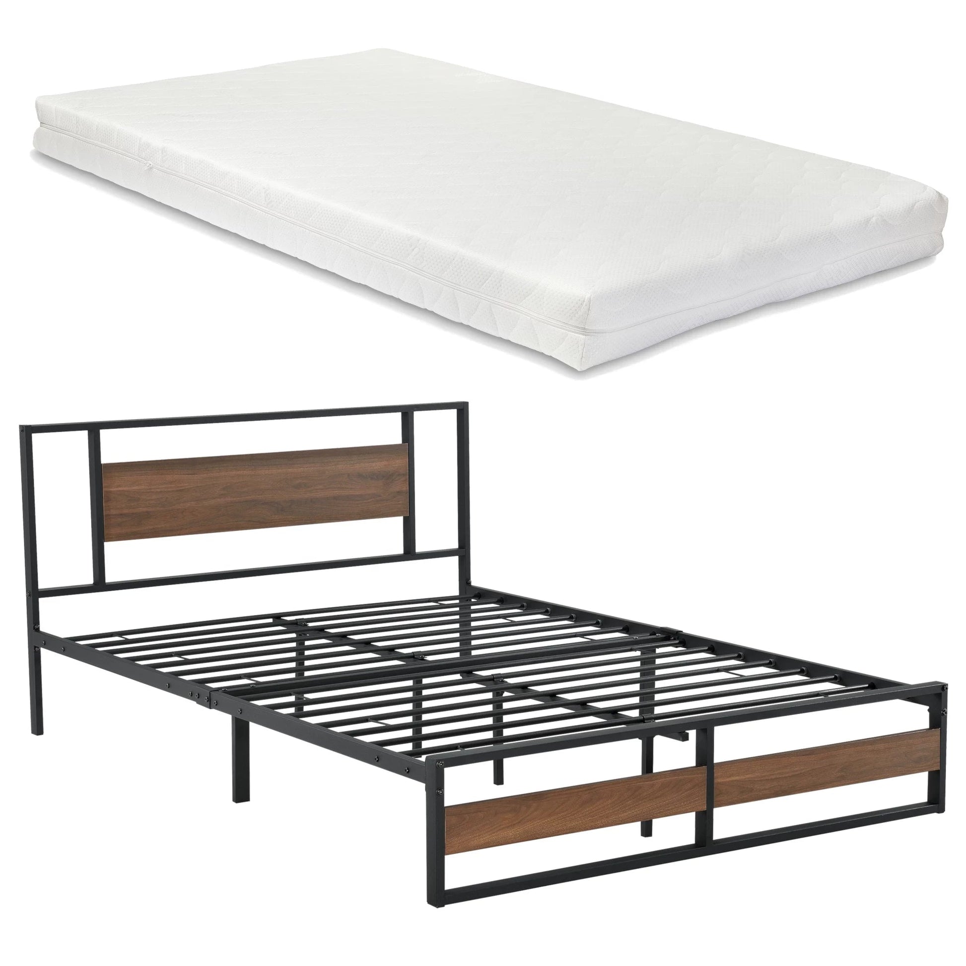 In And OutdoorMatch Metalen bed Alexane - Met matras - 140x200 cm - Zwart en Walnoot - Stijlvol design Eén persoon slapen