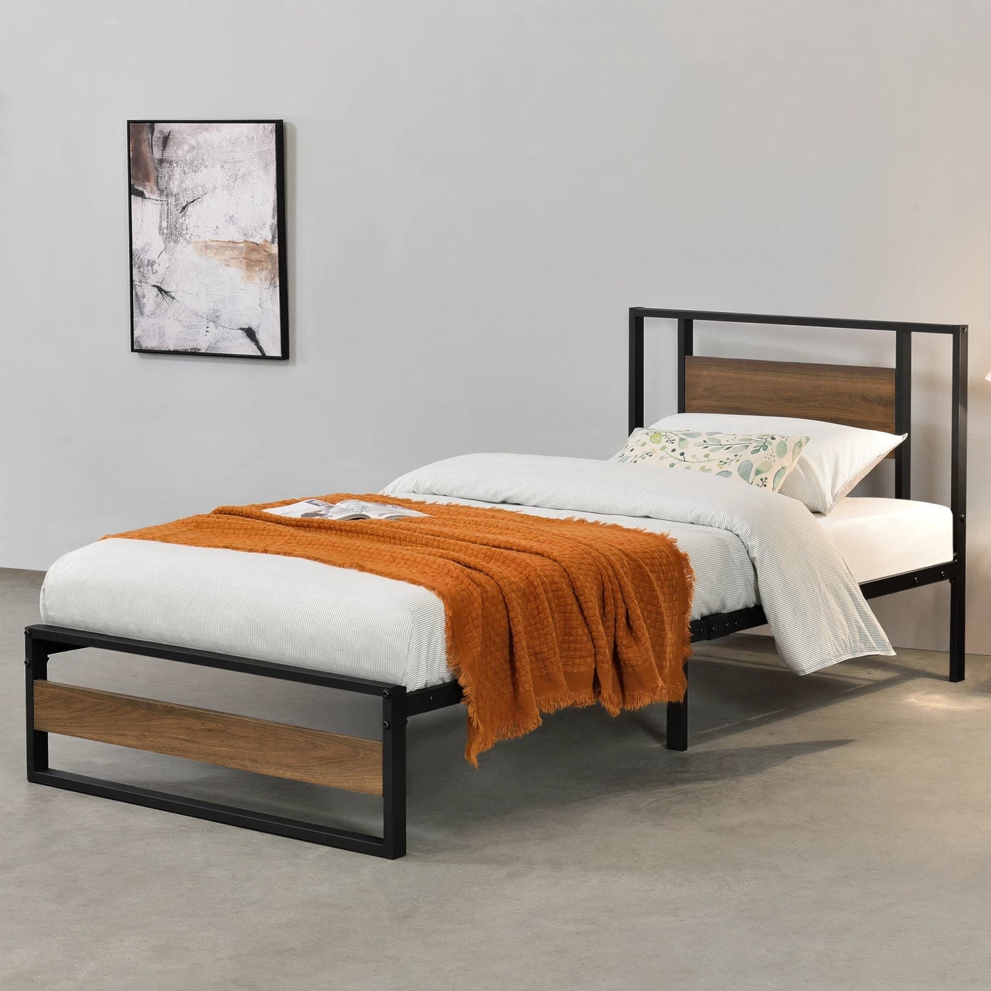 In And OutdoorMatch Metalen bed Enrique - Bedframe - 90x200 cm - Zwart en Walnoot - Modern design Eén persoon slapen