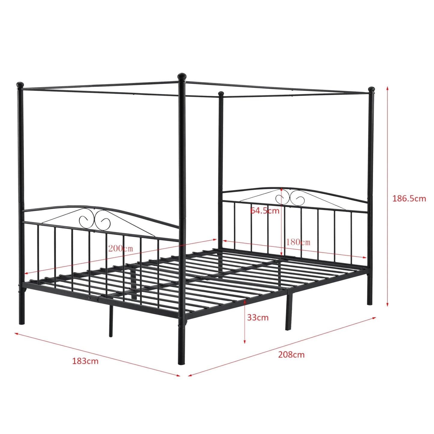 In And OutdoorMatch Metalen hemelbed Florent - Zwart - Met matras - 180x200 cm - Staal en koudschuim - Klassiek design bed twee personen