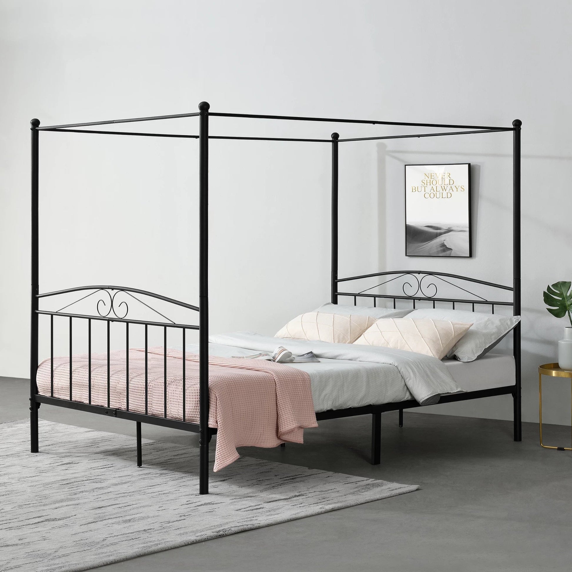 In And OutdoorMatch Metalen hemelbed Jetty - Zwart - Met bedbodem - 180x200 cm - Modern design bed twee personen