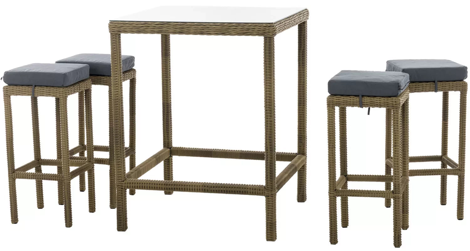 In And OutdoorMatch Moderne Bartafel met stoelen Louisa - Grijs beige - Tuinmeubelen - Rotan - Set van 4 barkrukken - Tuinbar - Binnen en buiten - Weerbestendig - 4 personen Garden set