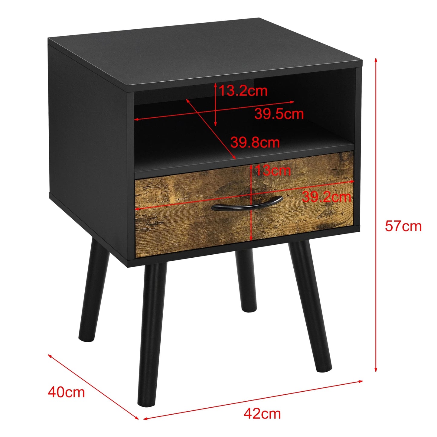 In And OutdoorMatch Nachtkastje Nikki - Met Lade en Open Vak - 57x42x40 cm - Zwart en Donkergekleurd Hout - Modern Design Bijzetttafel