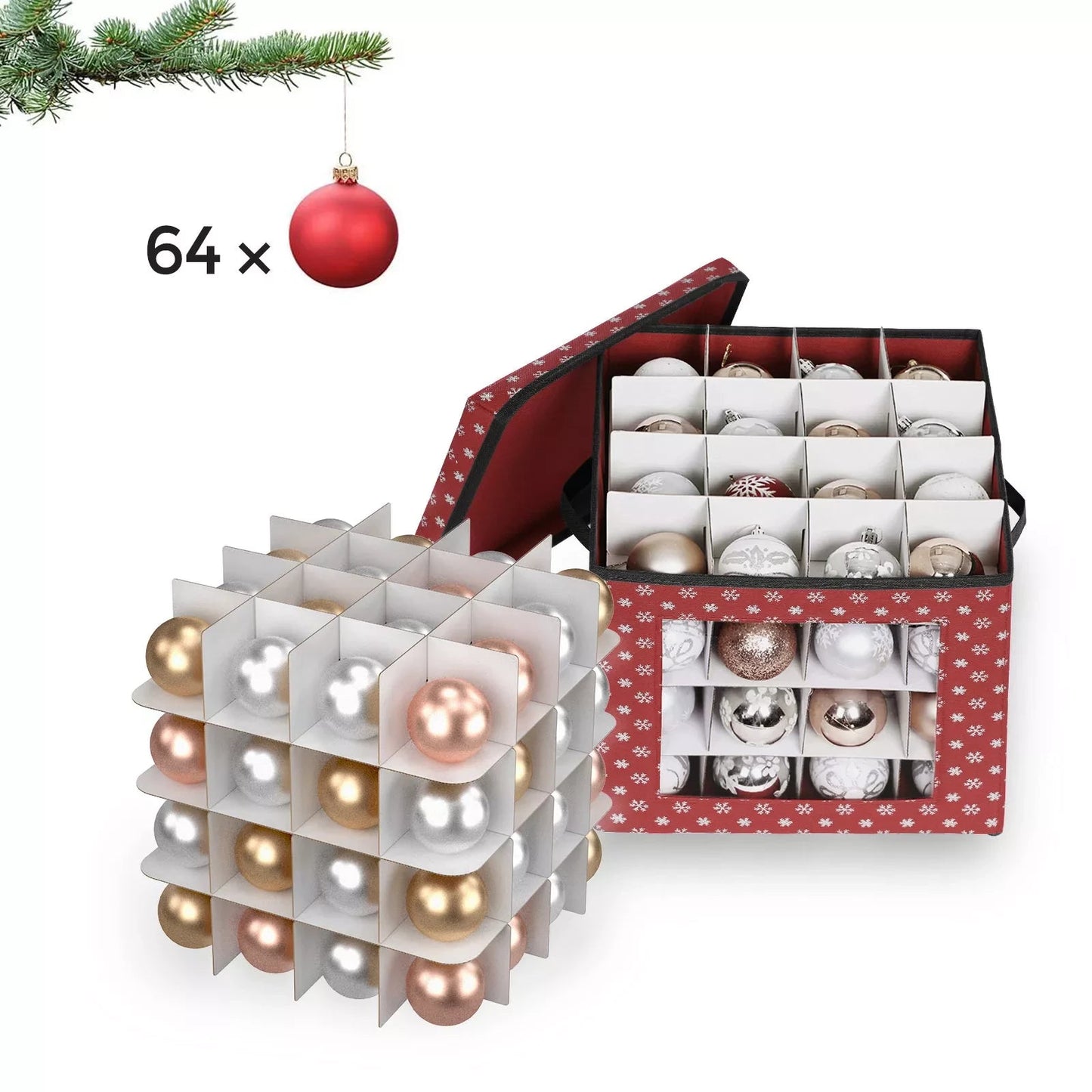 In And OutdoorMatch Opbergdozen Kaleigh - set van 3 - opvouwbare dozen - voor kerstversiering - elk 64 kleine vakken - flexibele verdelers - 30,5x30,5x30,5cm - rood Opslagruimte