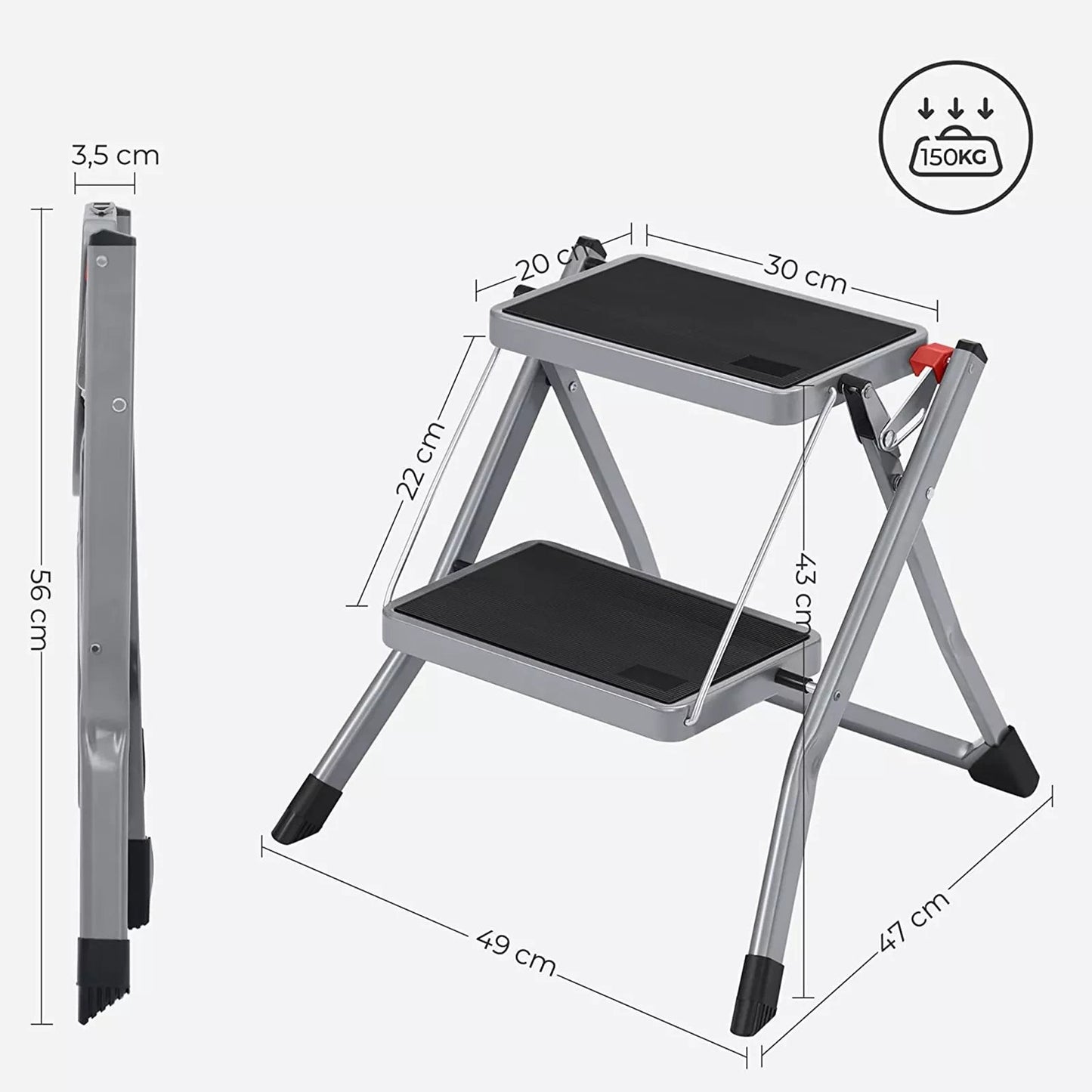 In And OutdoorMatch Opklapbare opstap Shania - met 2 treden - opstapkruk - ladder - 20 cm brede treden - met antislip rubberen matten - met draagbeugel - belastbaar tot 150 kg - gemaakt van staal - grijs/zwart Ladder