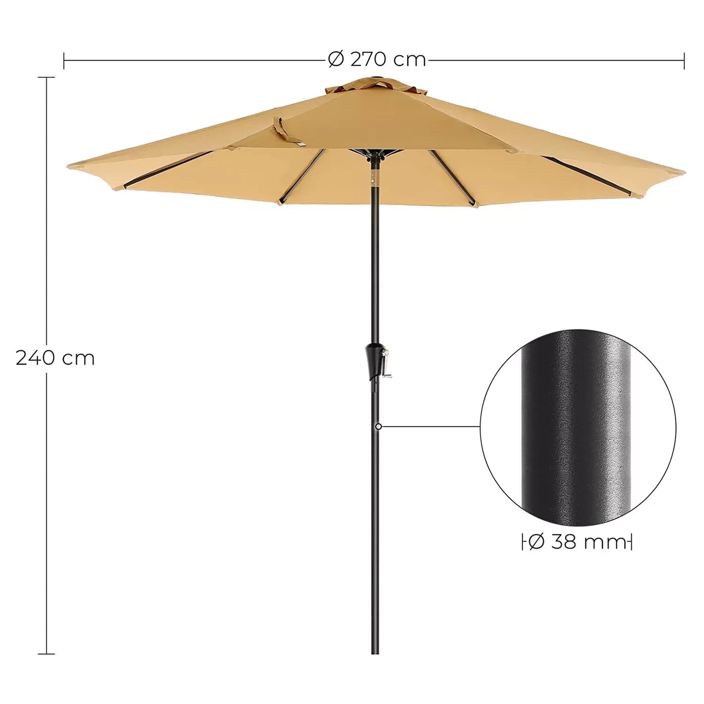 In And OutdoorMatch Parasol Bridget - 270 cm - Tuinparasol - Market Parasol - UV bescherming tot UPF 50+ - Patio Parasol - Zonwering - Knikarm - Met zwengel - Zonder standaard - Zand Sunshade