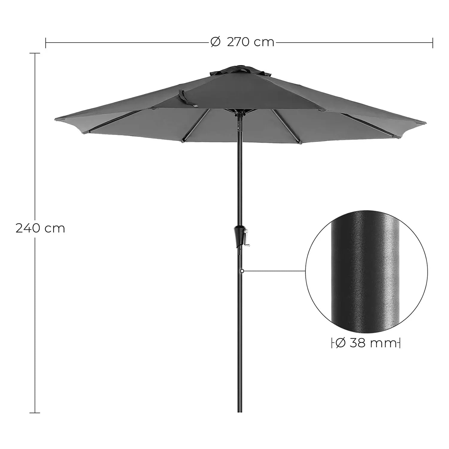 In And OutdoorMatch Parasol Mariah - 270 cm - Tuinparasol - Market Parasol - UV bescherming tot UPF 50+ - Patio Parasol - Zonwering - Knikarm - Met zwengel - Zonder standaard - Zwart Sunshade