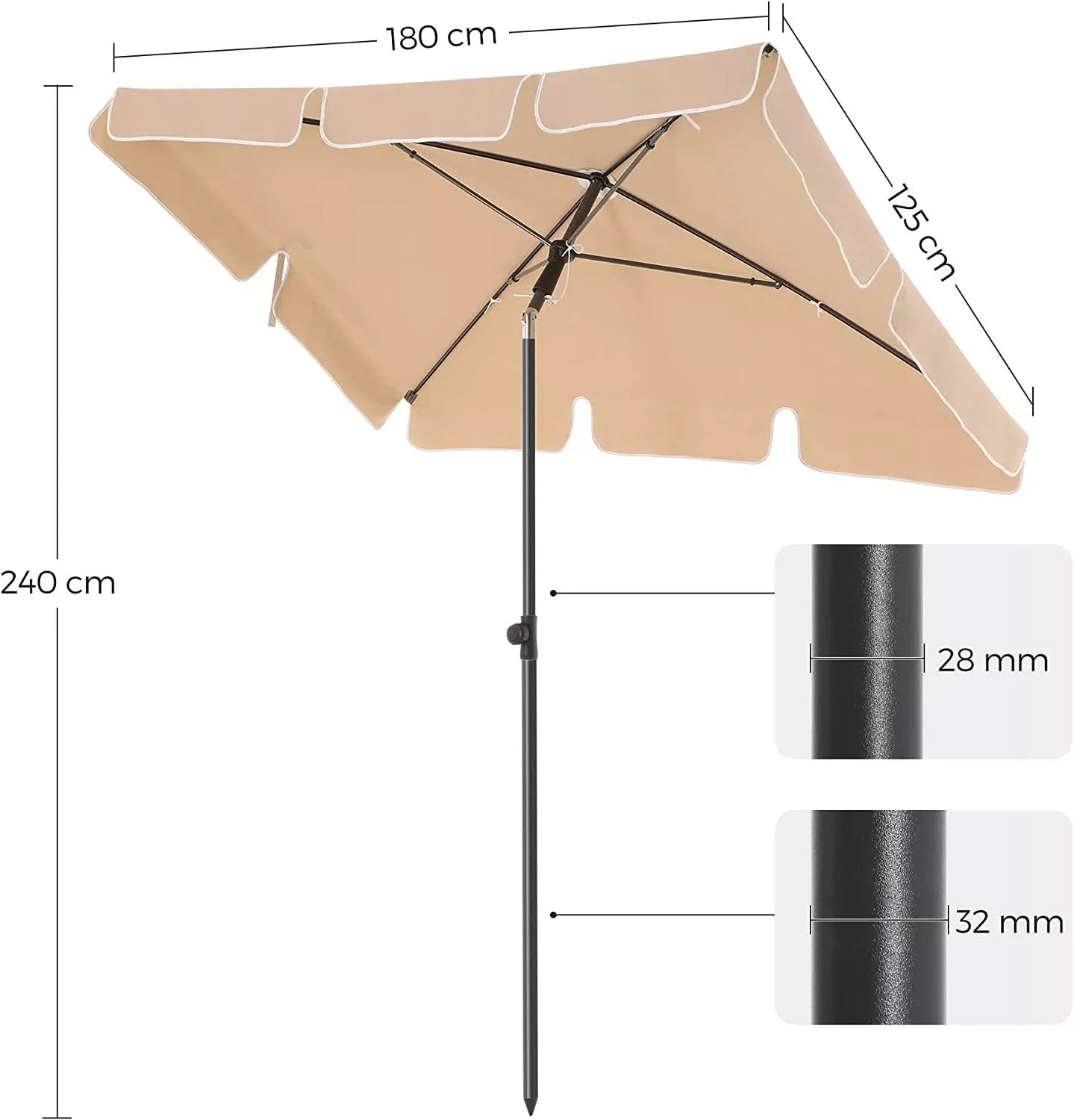 In And OutdoorMatch Parasol Rahsaan - Langwerpig - Kantelbaar - Staand - Beige - Terras of tuin - 180x125cm Parasol