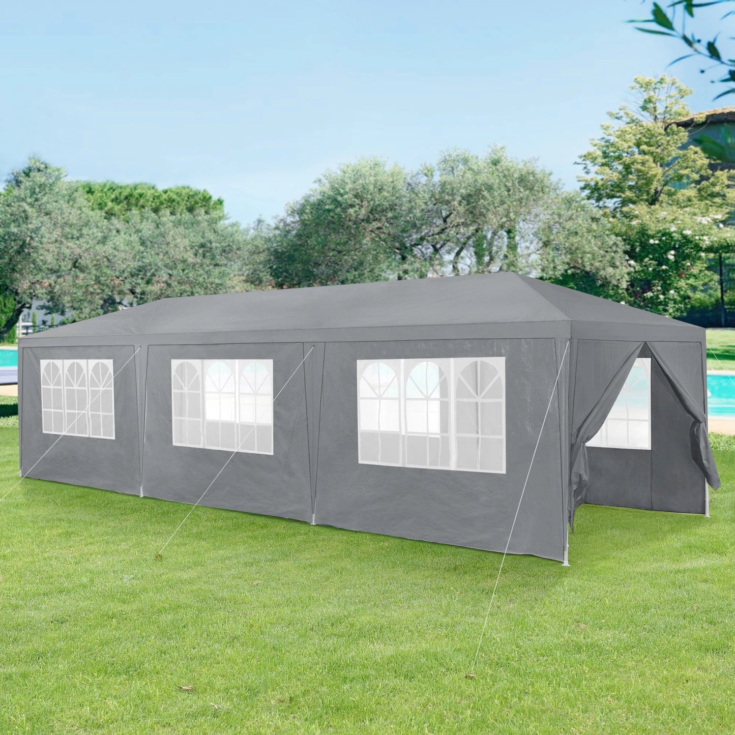 In And OutdoorMatch Pavilion Partytent Lazio - Waterdicht - 8 zijwanden - 9x3x2,55m - Grijs - Polyethyleen en Staal - UV-bestendig en waterdicht Gazebo / Gedeeltelijke Tent