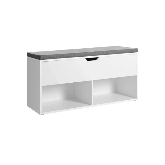 In And OutdoorMatch Schoenenbank Jorge - Bank - 2 Open Compartimenten - 1 Gesloten Compartiment Onder Deksel - Schoenenrek - Gestoffeerde Zitting - Hal - Slaapkamer - Entree - 100x30x48cm - Wit shoe bench