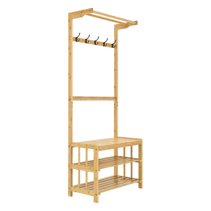 In And OutdoorMatch Schoenenrek Arnoldo - Met Bamboe - Kapstok - 168x70x35 cm - Houtkleurig - Met Zitting - Milieuvriendelijk Materiaal shoe rack