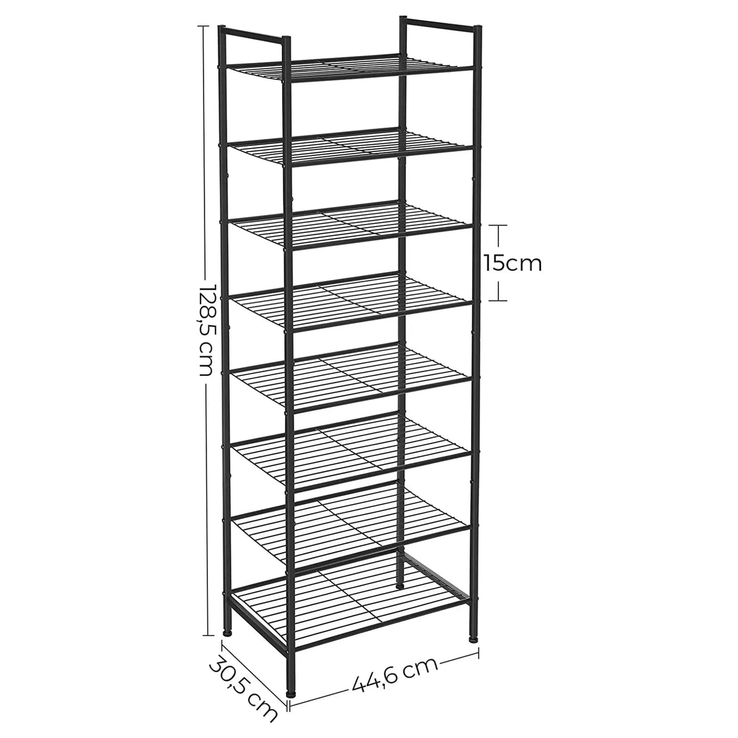 In And OutdoorMatch Schoenenrek Domenic - Met 8 Lagen - Smal - Voor 16-24 paar Schoenen - Space Savin - Veel Opbergruimte - Metalen Rek - 44.6x30.5x128.5cm - Zwart shoe rack