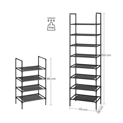 In And OutdoorMatch Schoenenrek Joanne - Set van 2 - Met 4 Planken - Schoenenrek - Schoenenopberger - Metalen Frame - Non-Woven Planken - voor Hal, Slaapkamer - Woonkamer - 45x28x80cm - Zwart shoe rack