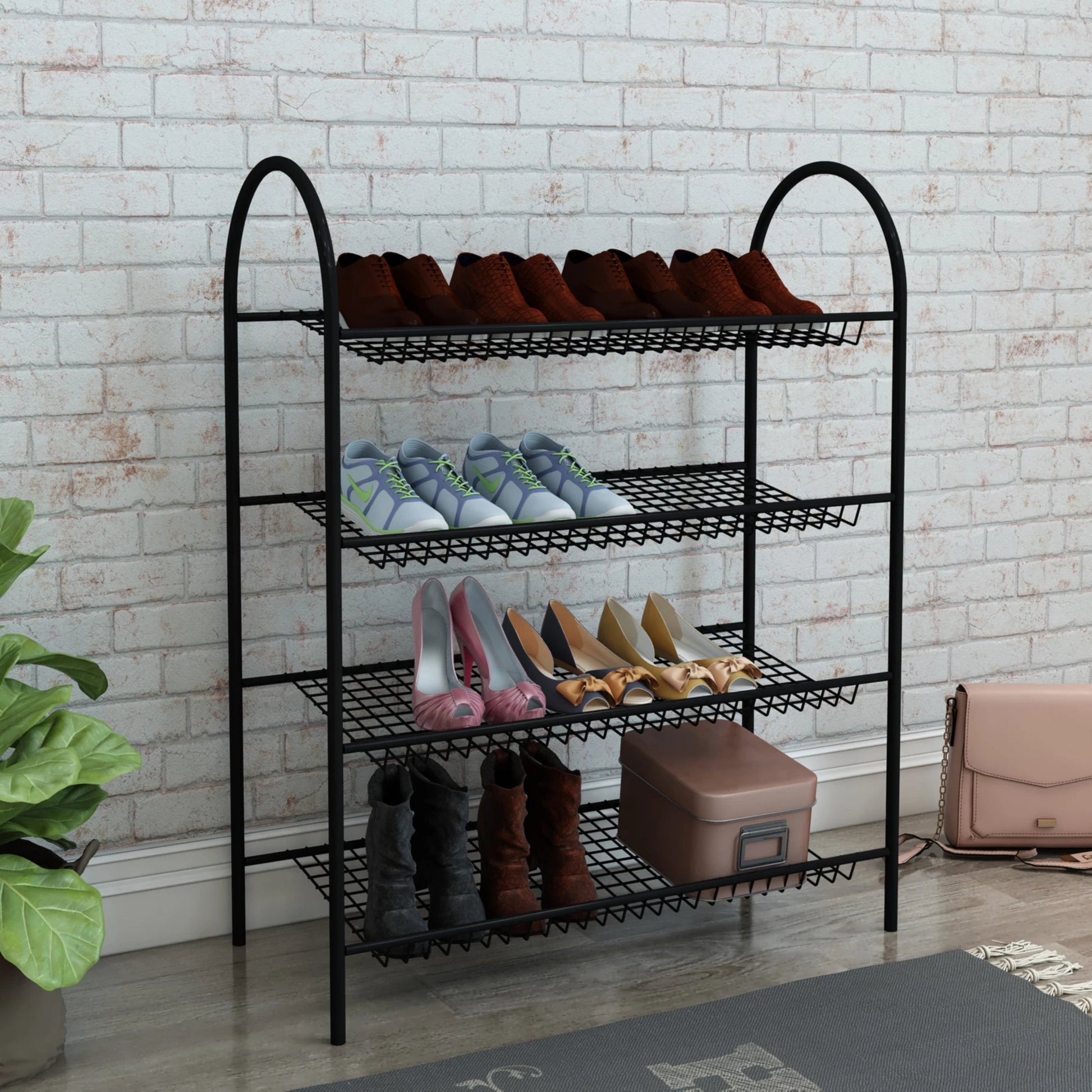 In And OutdoorMatch Schoenenrek Stey - Met 4 Planken - 88x68.5x32cm - Metaal - Zwart - Decoratief Design shoe rack