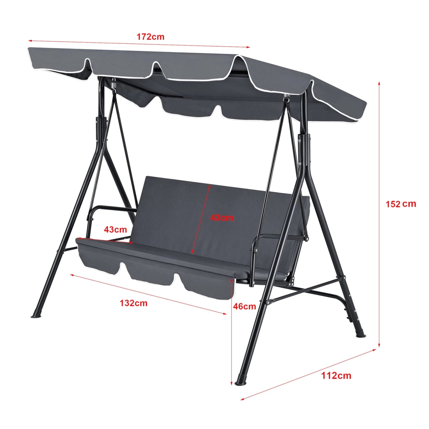 In And OutdoorMatch Schommelbank Wilbert - 3-Zits - Max 270 kg - Donkergrijs - Staal en Polyester - Waterafstotende hoes Garden Bench