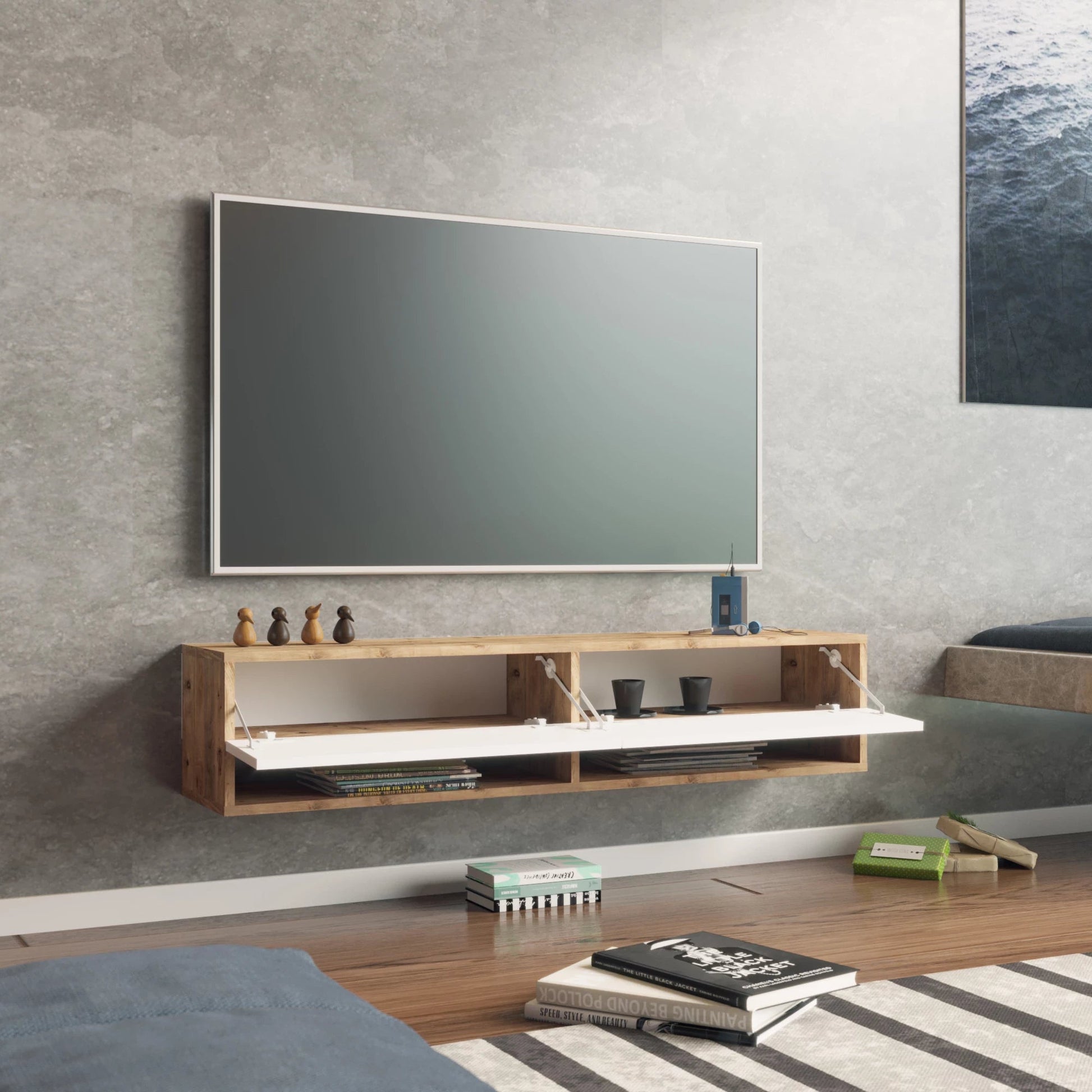 In And OutdoorMatch TV Kast Cody - TV Meubel - TV meubel - 2 Opbergvakken - 140x31,5x29,5cm - Houtkleurig en Wit - Sierkast TV-meubel