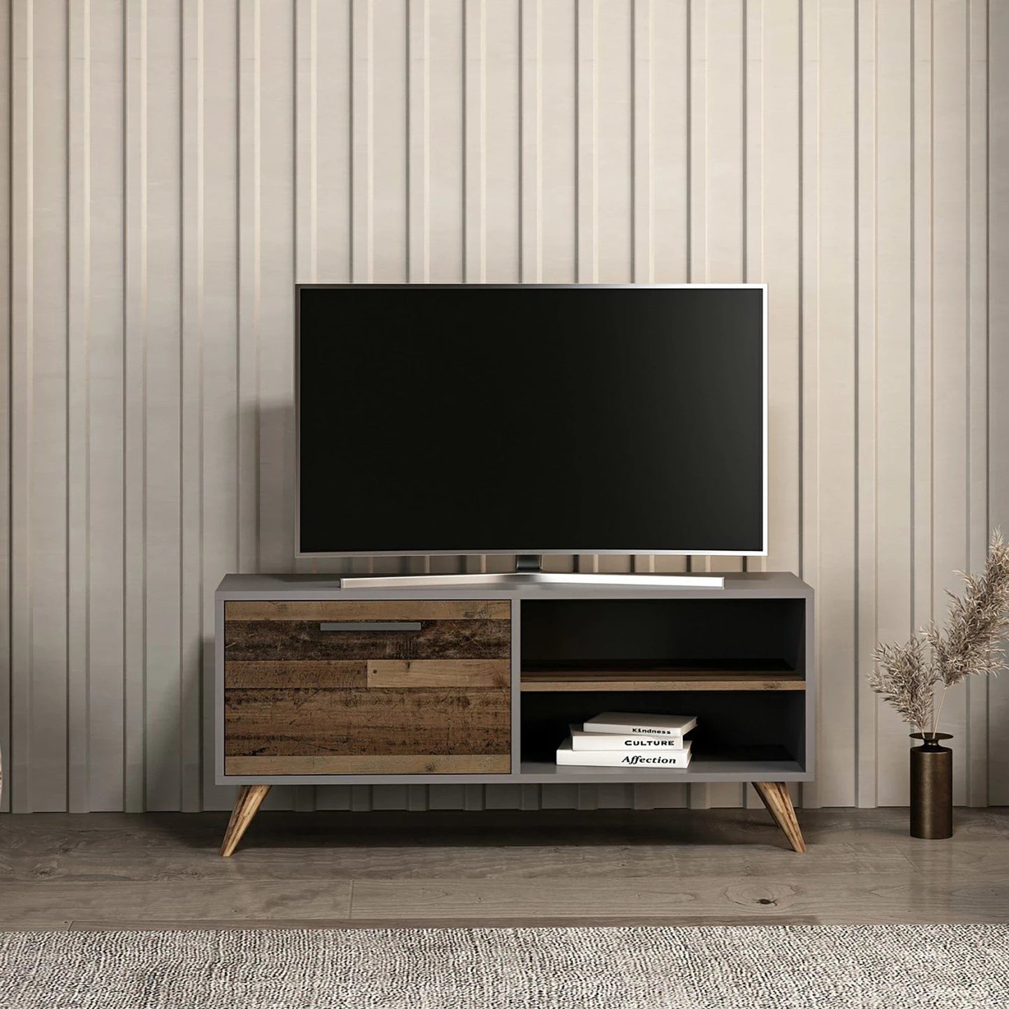 In And OutdoorMatch TV Kast Emmie - 120x35x50 cm - Antraciet en Houtkleurig - Spaanplaat en Kunststof - Modern Design TV-meubel