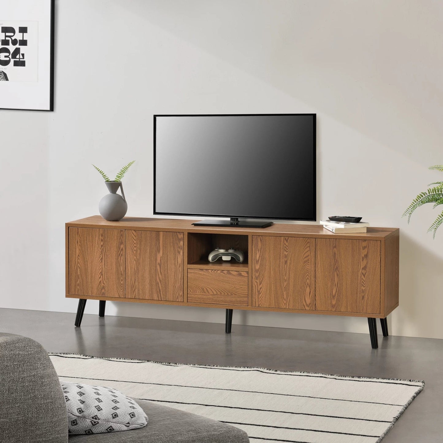 In And OutdoorMatch TV Kast Estefania - Push and Open - 140x30x45,5 cm - Houtkleurig en Zwart - Spaanplaat en Hout - Stijlvol Design TV cabinet