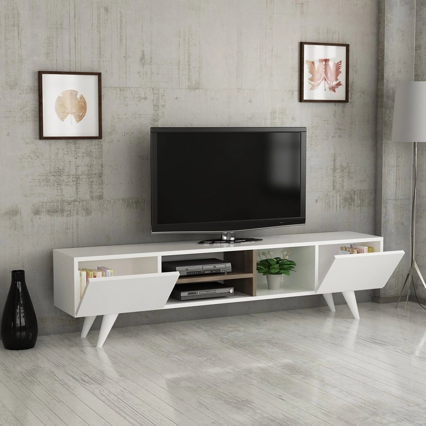 In And OutdoorMatch TV Kast Katrine - 160x31x40 cm - Wit en Walnoot - Spaanplaat en Kunststof - Modern Design TV-meubel