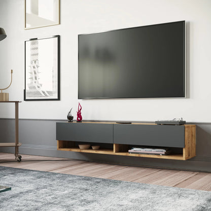 In And OutdoorMatch TV Kast Leon - TV Meubel - TV meubel - 2 Opbergvakken - 140x31,5x29,5cm - Houtkleurig en Antraciet - Sierkast TV-meubel