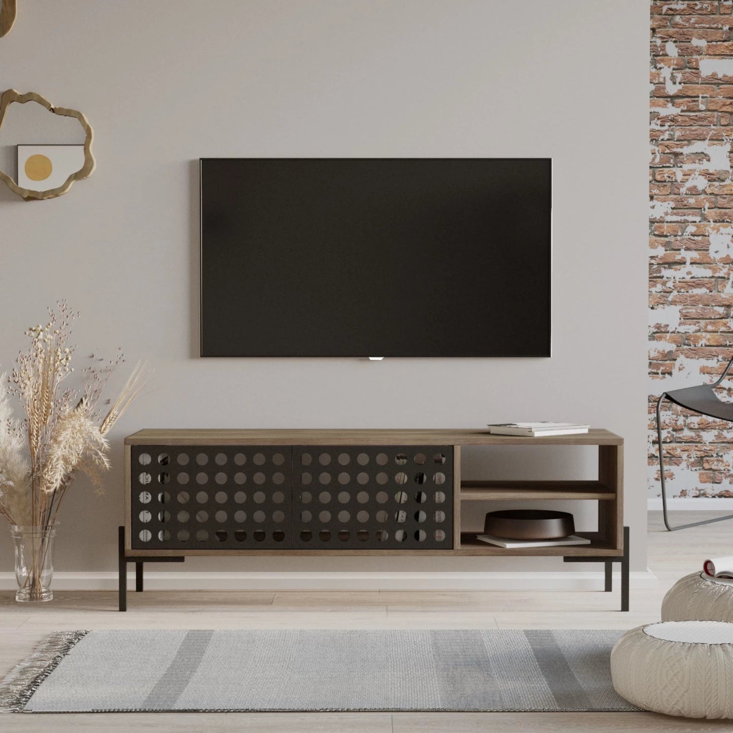 In And OutdoorMatch TV Kast Ocean - TV meubel - TV meubel - 144x40x49cm - eiken grijs en antraciet - 2 opbergvakken - decoratieve kast TV-meubel