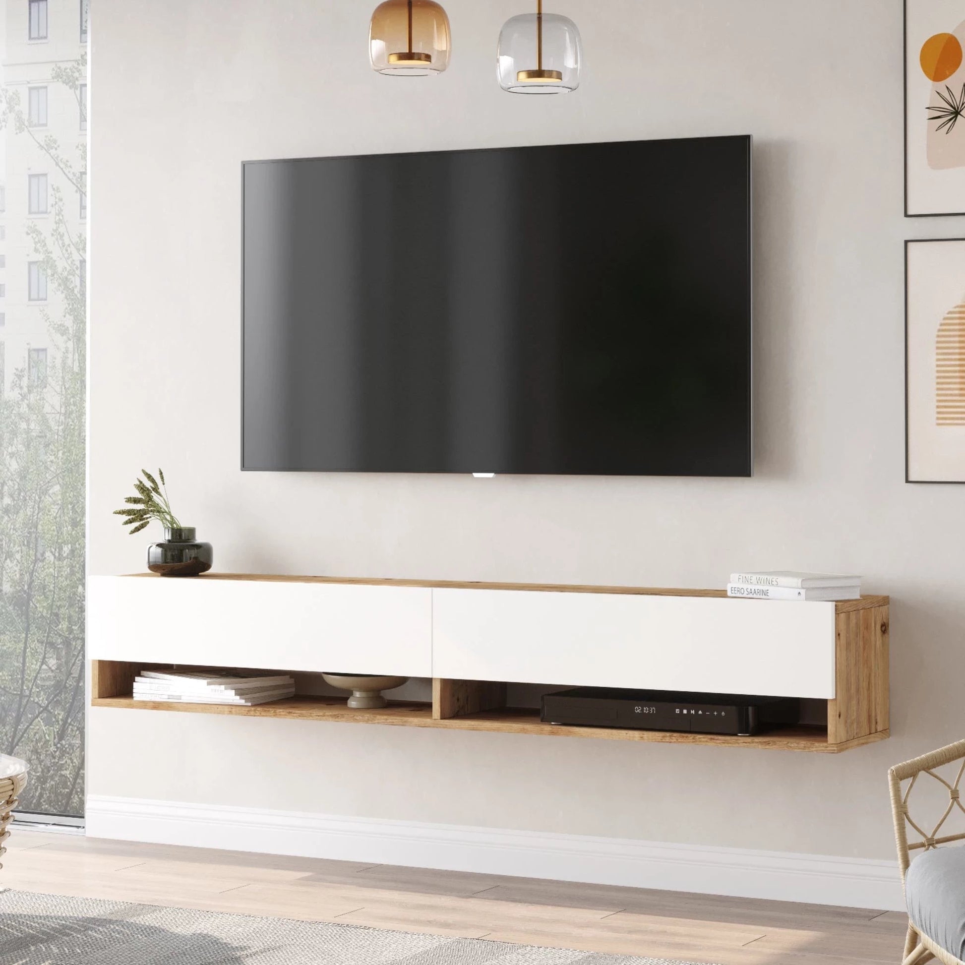 In And OutdoorMatch TV Kast Piera - TV Meubel - TV meubel - 2 Opbergvakken - 180x31,5x29,5cm - Houtkleurig en Wit - Sierkast TV-meubel