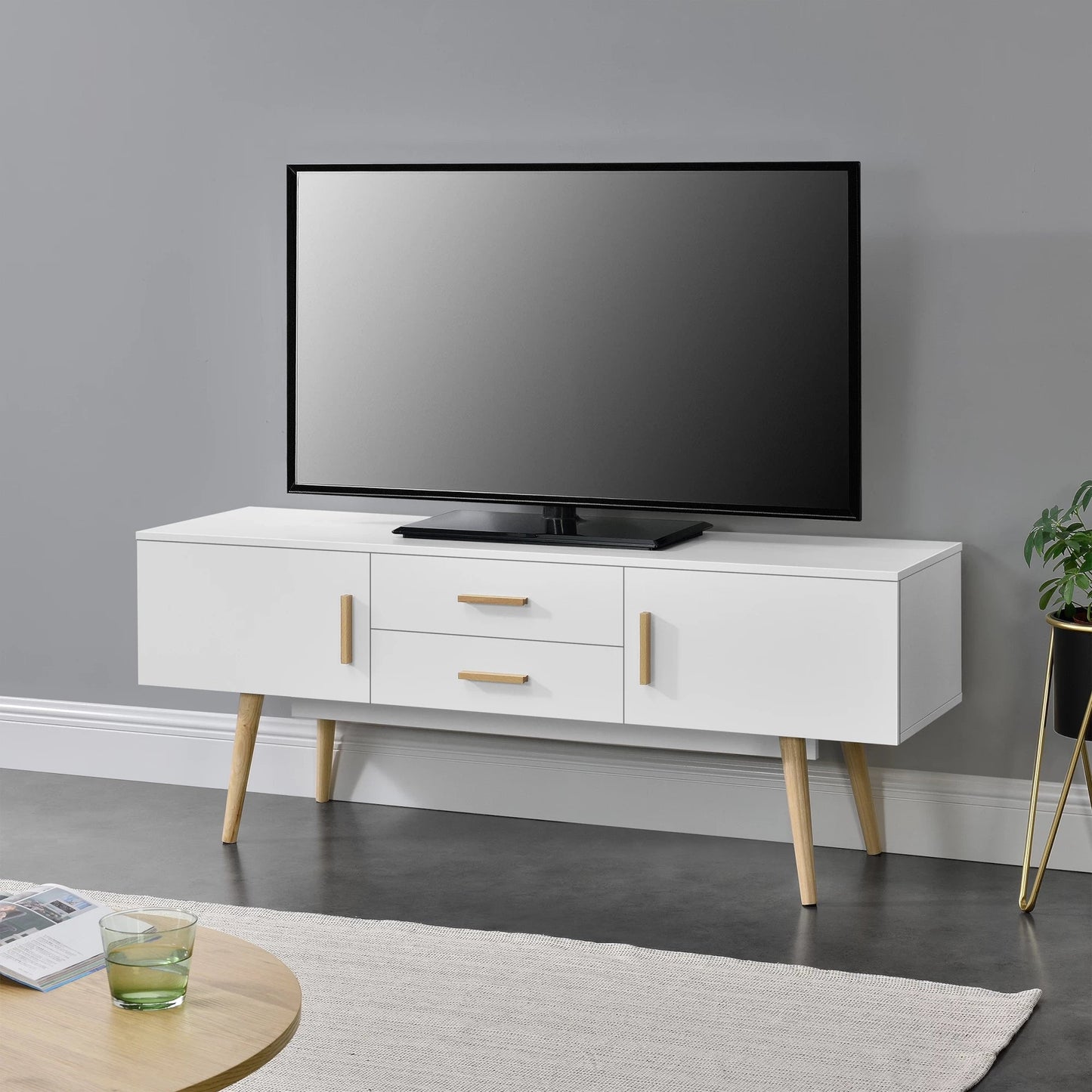 In And OutdoorMatch TV Kast Ressie - Met 2 Lades - 140x40x56 cm - Wit - Spaanplaat en Hout - Stijlvol Design TV cabinet