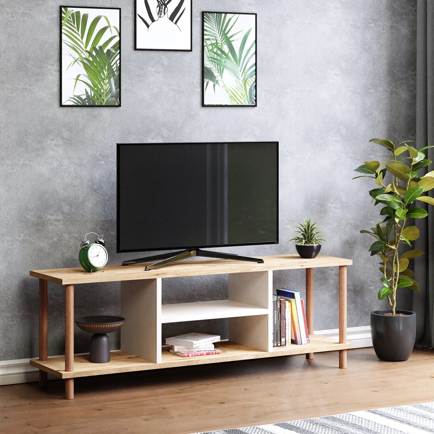 In And OutdoorMatch TV meubel Davon - 120x29x43 cm - Wit en Houtkleurig - Spaanplaat - Beukenhout - Stijlvol Design TV-meubel