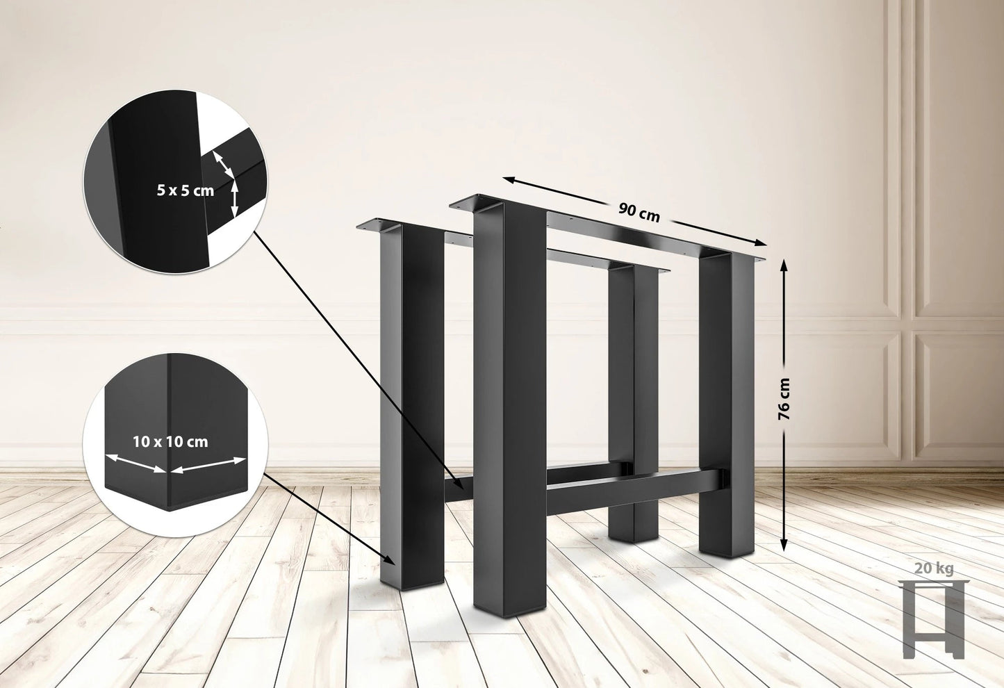 In And OutdoorMatch Tafelpoten Axel - 90cm - Vierpotig tafelonderstel - Stalen tafelpoten - Zwarte tafelpoten - Industriële stijl table legs