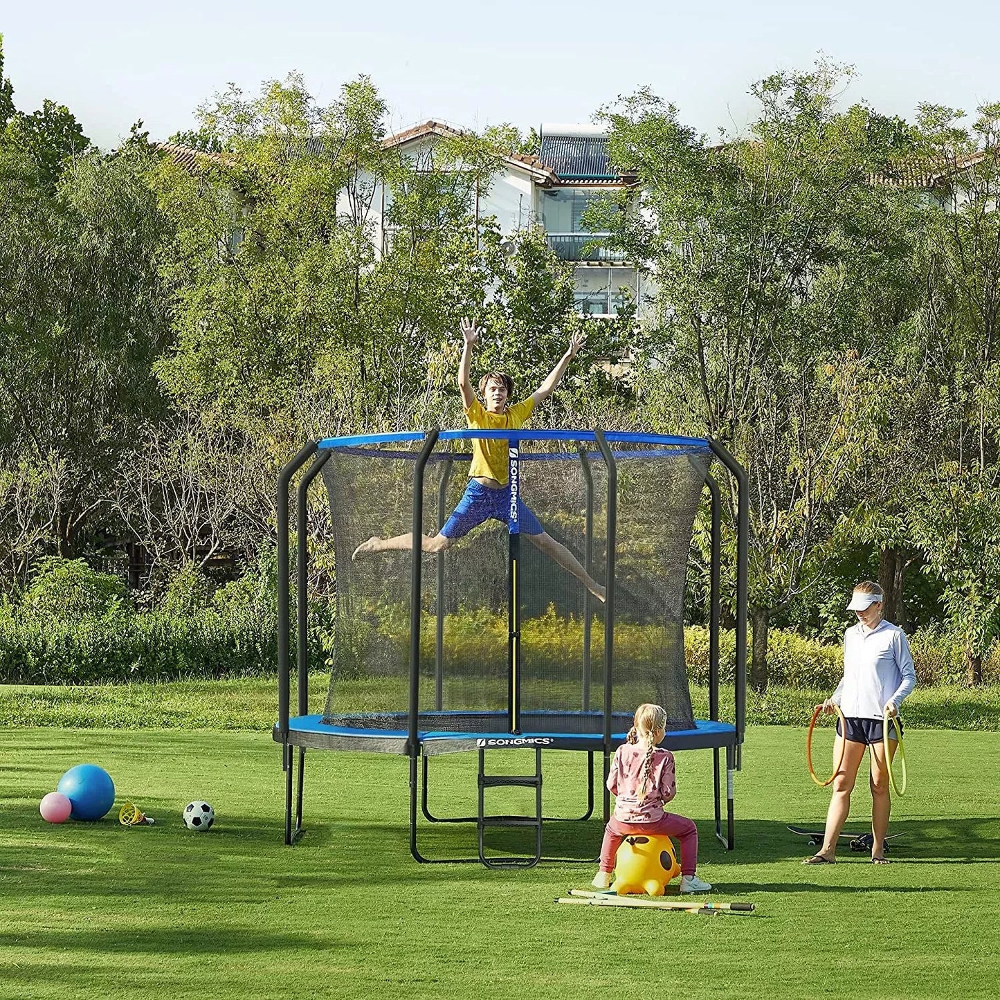 In And OutdoorMatch Trampoline Adolfo - 366 cm - Blauw - Trampoline met veiligheidsnet en ladder - gewatteerd frame - voor kinderen en volwassenen - binnennet Trampoline