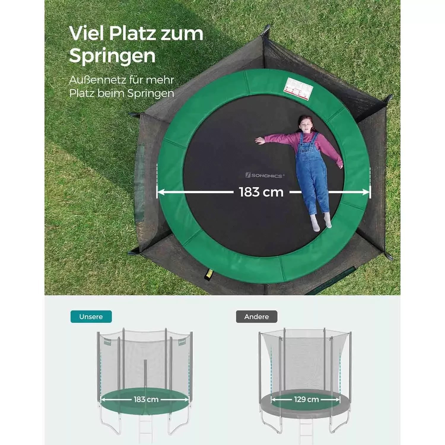 In And OutdoorMatch Trampoline Cordia - 183 cm groen - met veiligheidsnet & ladder - tot 100 kg belasting Trampoline