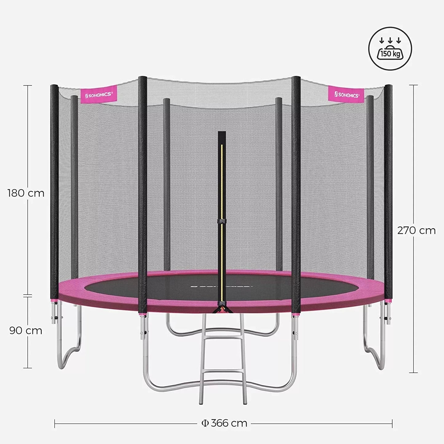 In And OutdoorMatch Trampoline Lela - 366 cm - met veiligheidsnet & ladder - Roze - Rond - Tuin - tot 150 kg belasting Trampoline