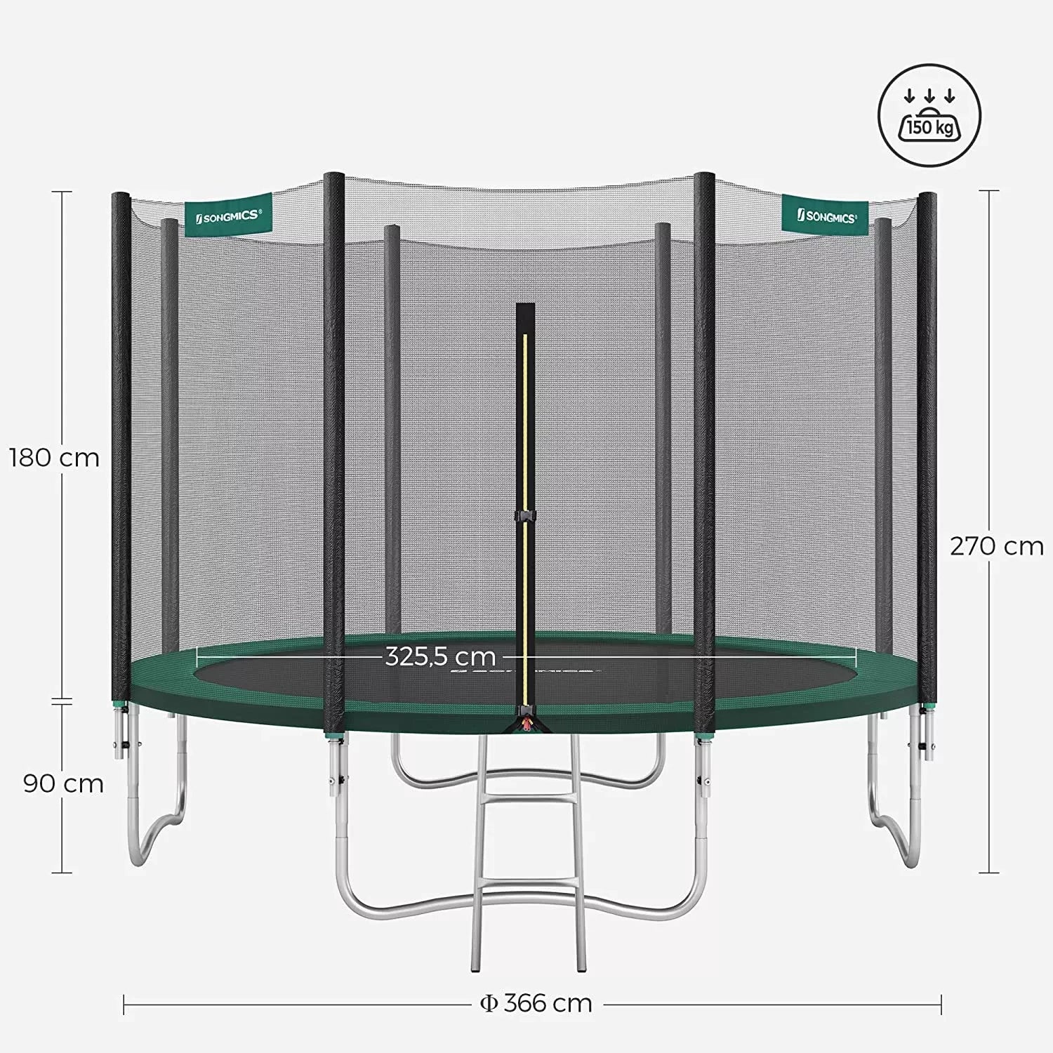 In And OutdoorMatch Trampoline Rosalia - 366 cm - Met veiligheidsnet & ladder - Groen - Rond - Tuin - tot 150 kg belasting Trampoline