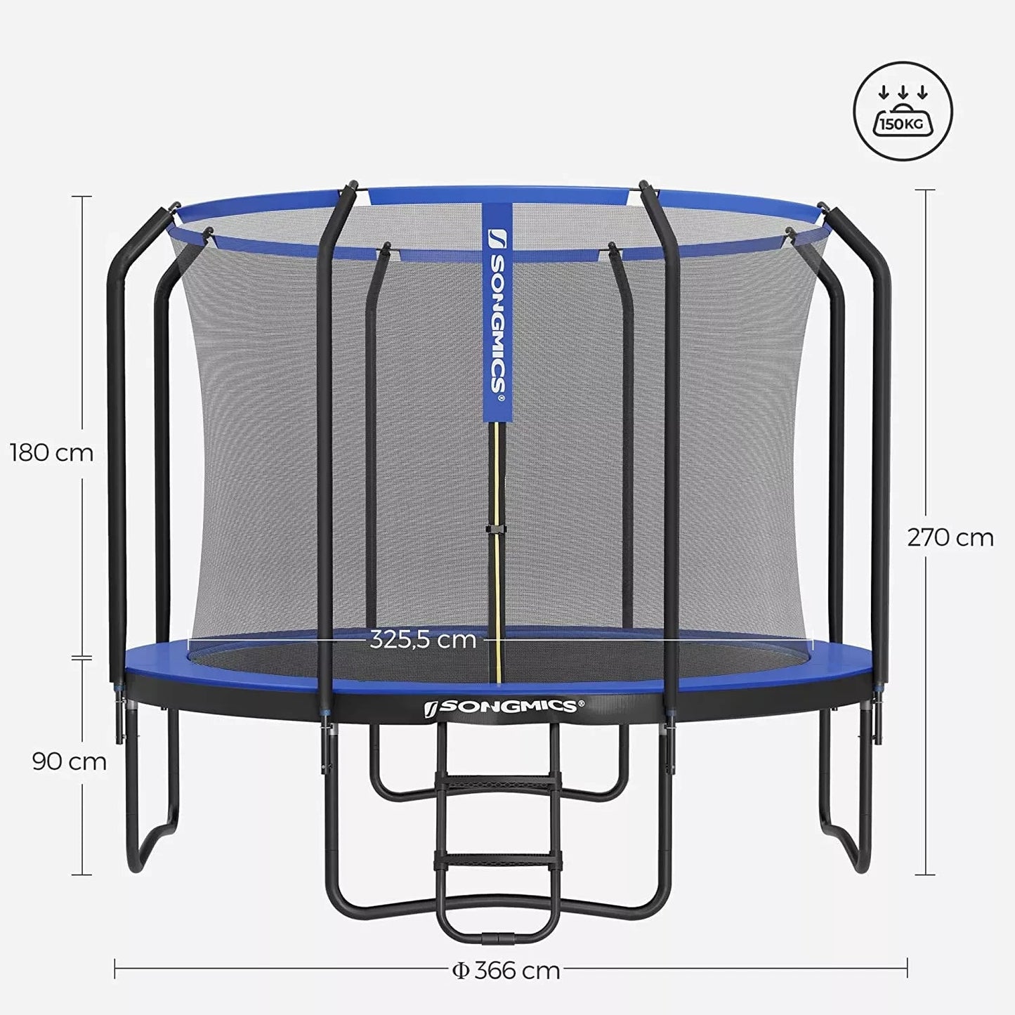 In And OutdoorMatch Trampoline Toni - 366 cm - Blauw - Trampoline met veiligheidsnet en ladder - gewatteerd frame - voor kinderen en volwassenen - binnennet Trampoline