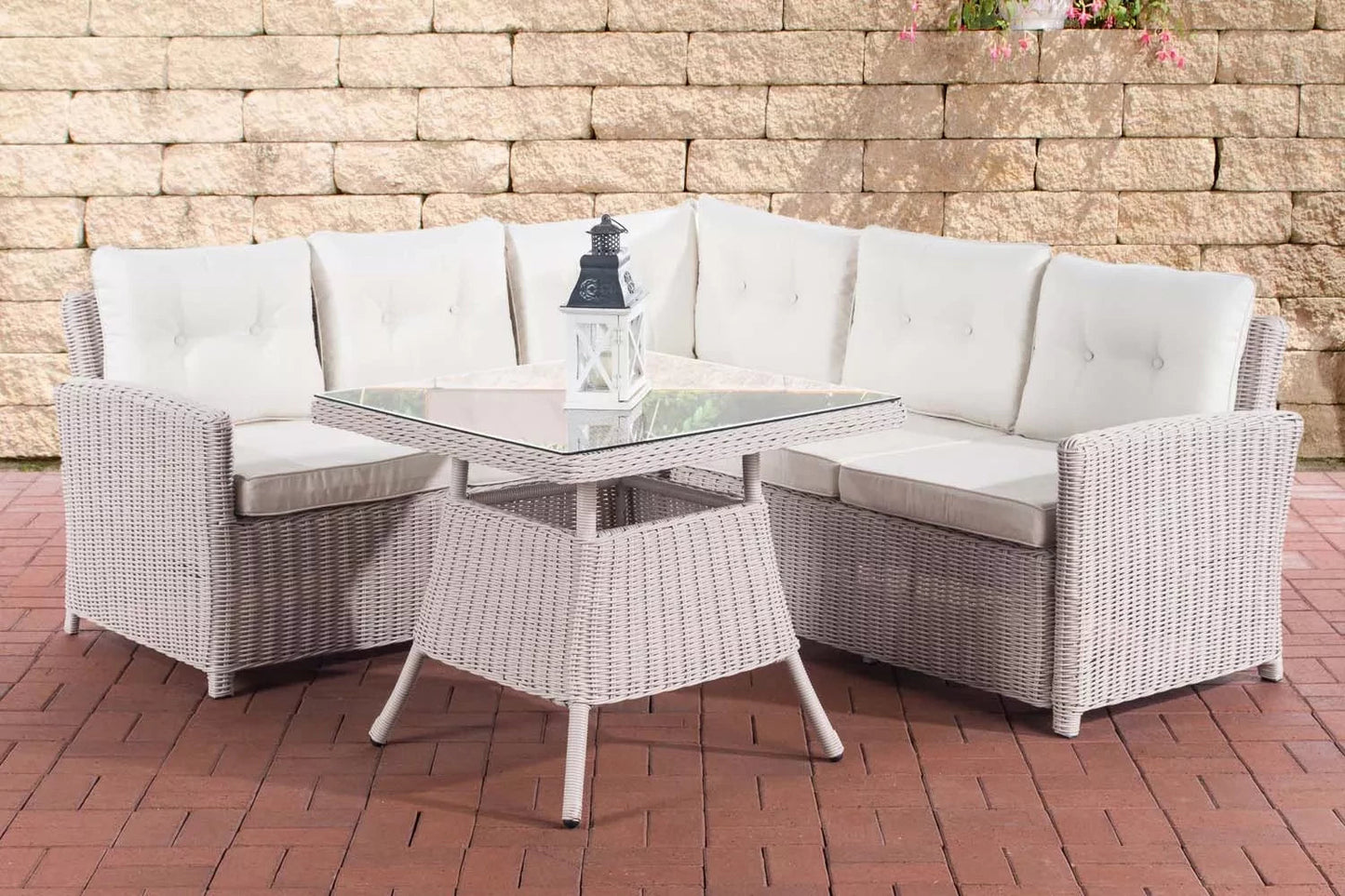 In And OutdoorMatch Tuinset Harrison - Creme/wit - 5 persoons - Glazen tafel - Rotan wicker - Tuinmeubelen - Eettafel tuintafel - Loungeset - Buitentafel - Salontafel Garden set