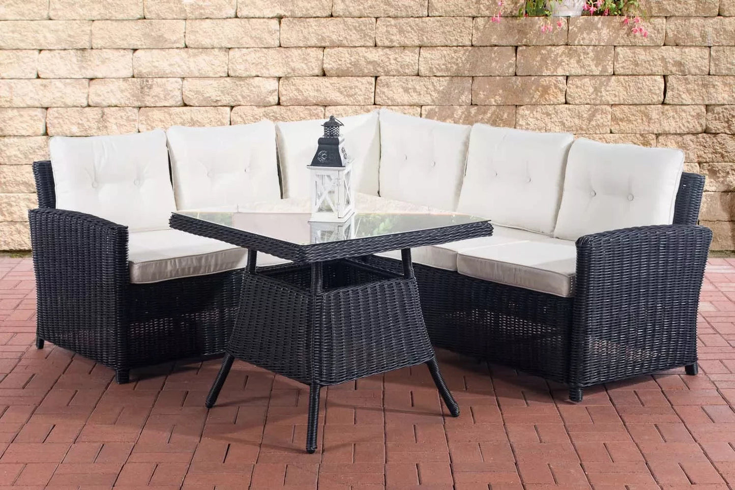 In And OutdoorMatch Tuinset Ted - Wit/blauw - 5 persoons - Glazen tafel - Rotan vlechtwerk - Tuinmeubelen - Eettafel tuintafel - Loungeset - Buitentafel - Salontafel Garden set