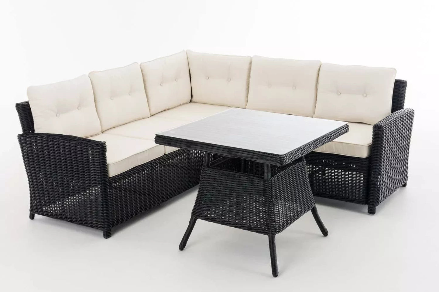 In And OutdoorMatch Tuinset Ted - Wit/blauw - 5 persoons - Glazen tafel - Rotan vlechtwerk - Tuinmeubelen - Eettafel tuintafel - Loungeset - Buitentafel - Salontafel Garden set