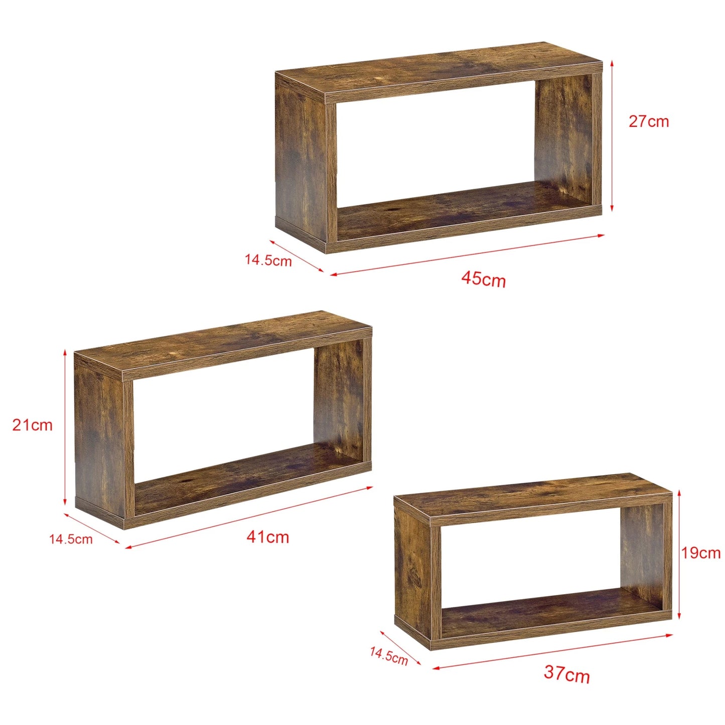 In And OutdoorMatch Wandplank Davion - Set van 3 - Houtkleur Donker - Verschillende maten - Modern design Wandplank