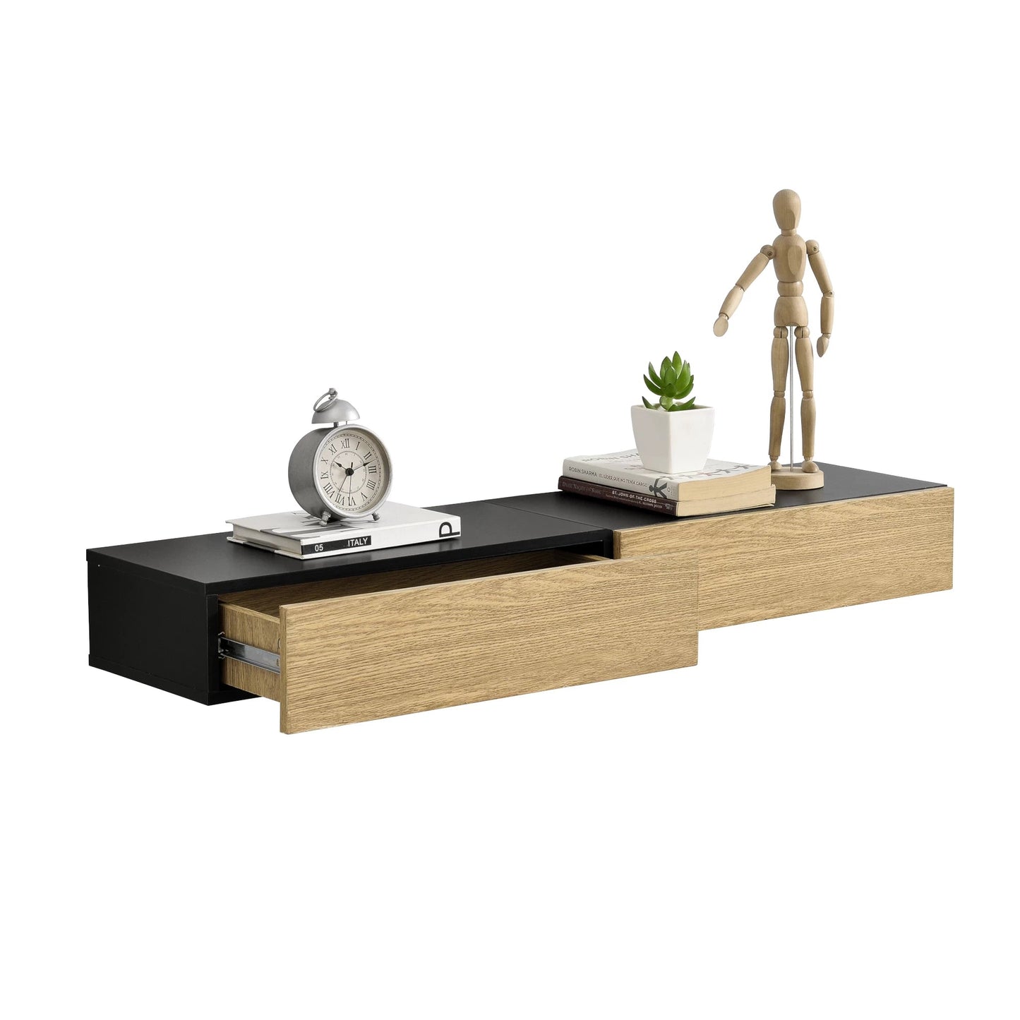 In And OutdoorMatch Wandplank Ocie - Met Lade - 50x24x12cm - Set van 2 - Zwart en Houtlook - Spaanplaat - Stijlvolle uitstraling Wandplank