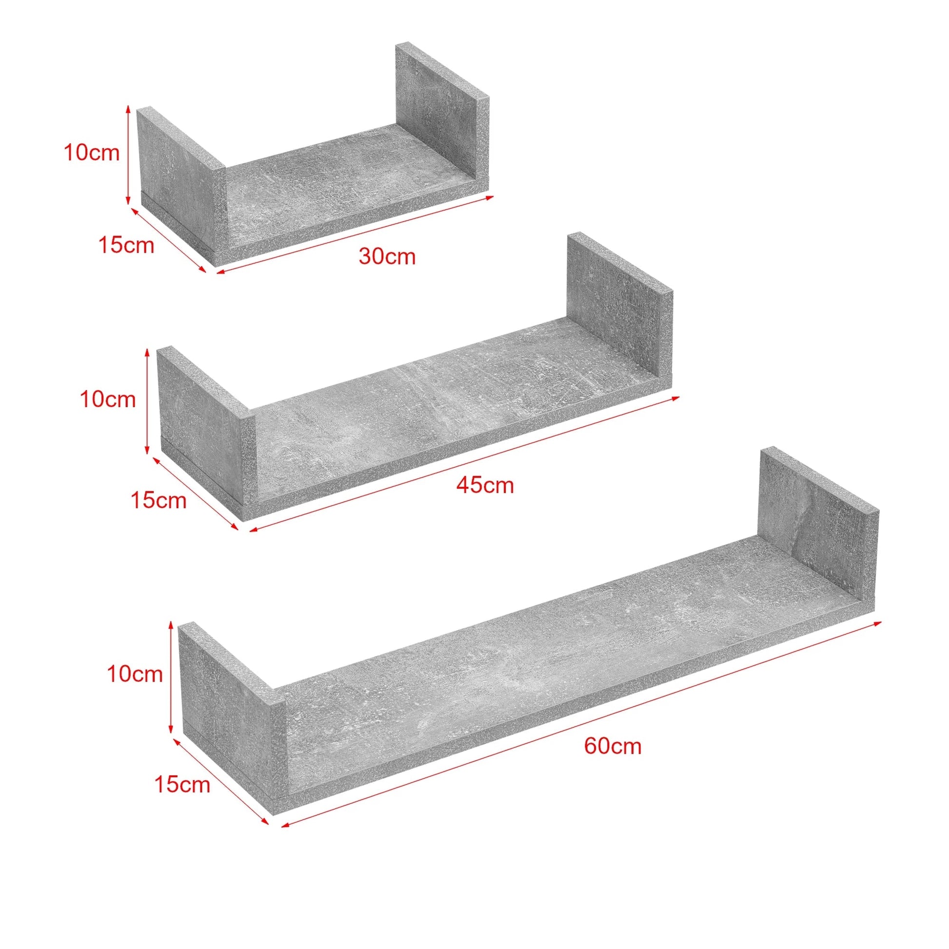 In And OutdoorMatch Wandplank Wilton - Set van 3 - Betonkleurig - Spaanplaat - 3 Verschillende Maten - Stijlvol Design Wandplank