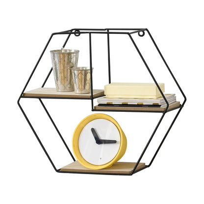 In And OutdoorMatch Wandrek Jean - Hexagon - Zwart en Hout - 40x12x35 cm - Metaal en Hout - Modern Design Wandplank