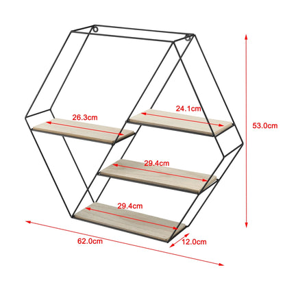 In And OutdoorMatch Wandrek Rebecca - Hexagon - Met 4 Planken - 62x12x53 cm - Zwart en Houtkleurig - Metaal en Hout - Modern Design Wandplank