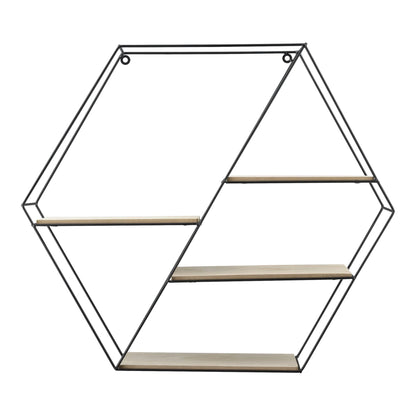 In And OutdoorMatch Wandrek Rebecca - Hexagon - Met 4 Planken - 62x12x53 cm - Zwart en Houtkleurig - Metaal en Hout - Modern Design Wandplank