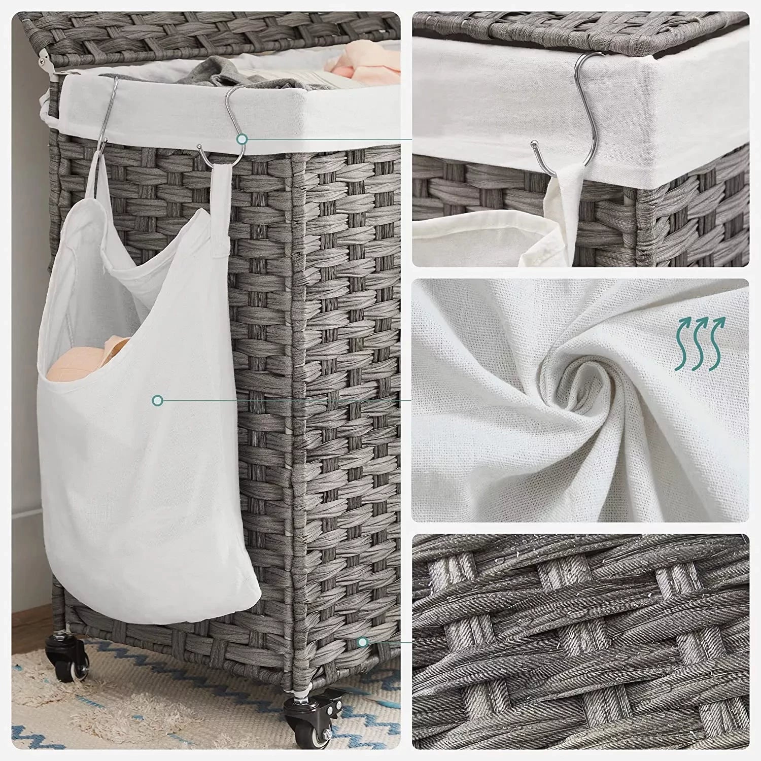 In And OutdoorMatch Wasmand Jovan - Handgeweven - Wasmand - 140 L - Gemaakt van Polyrattan - met 3 Vakken - Uitneembare Waszak - Deksel - Handvatten - voor Woonkamer - Badkamer - 66x33x60cm - Grijs Wasmand